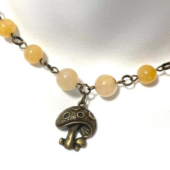 Genuine Yellow Aventurine Short Necklace,Bronze Round Mushroom +Natural Gemstone - Picture 1 of 16